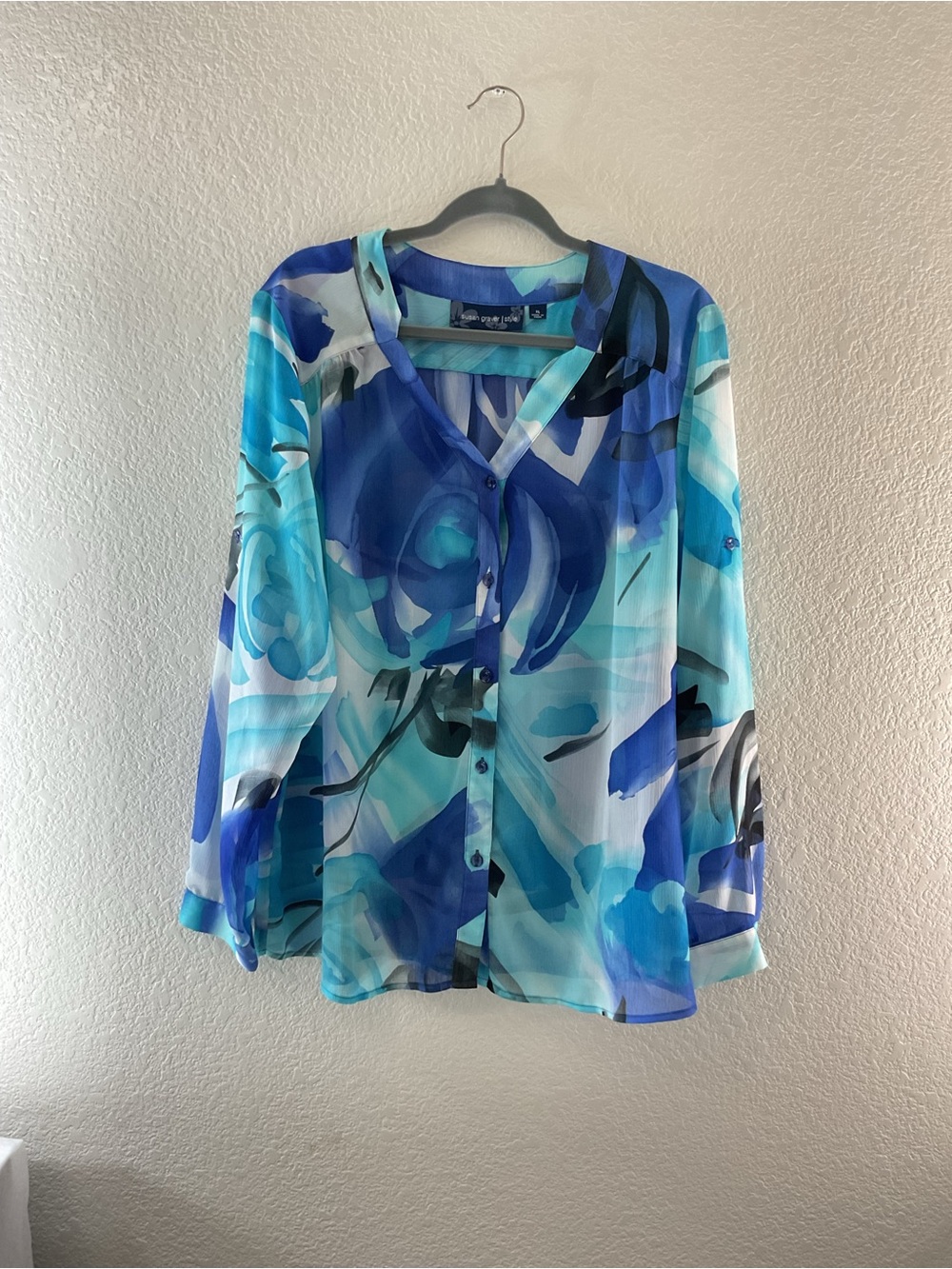 Designer Susan Graver Sheer Chiffon Printed Abstract Blouse Turquoise Aqua